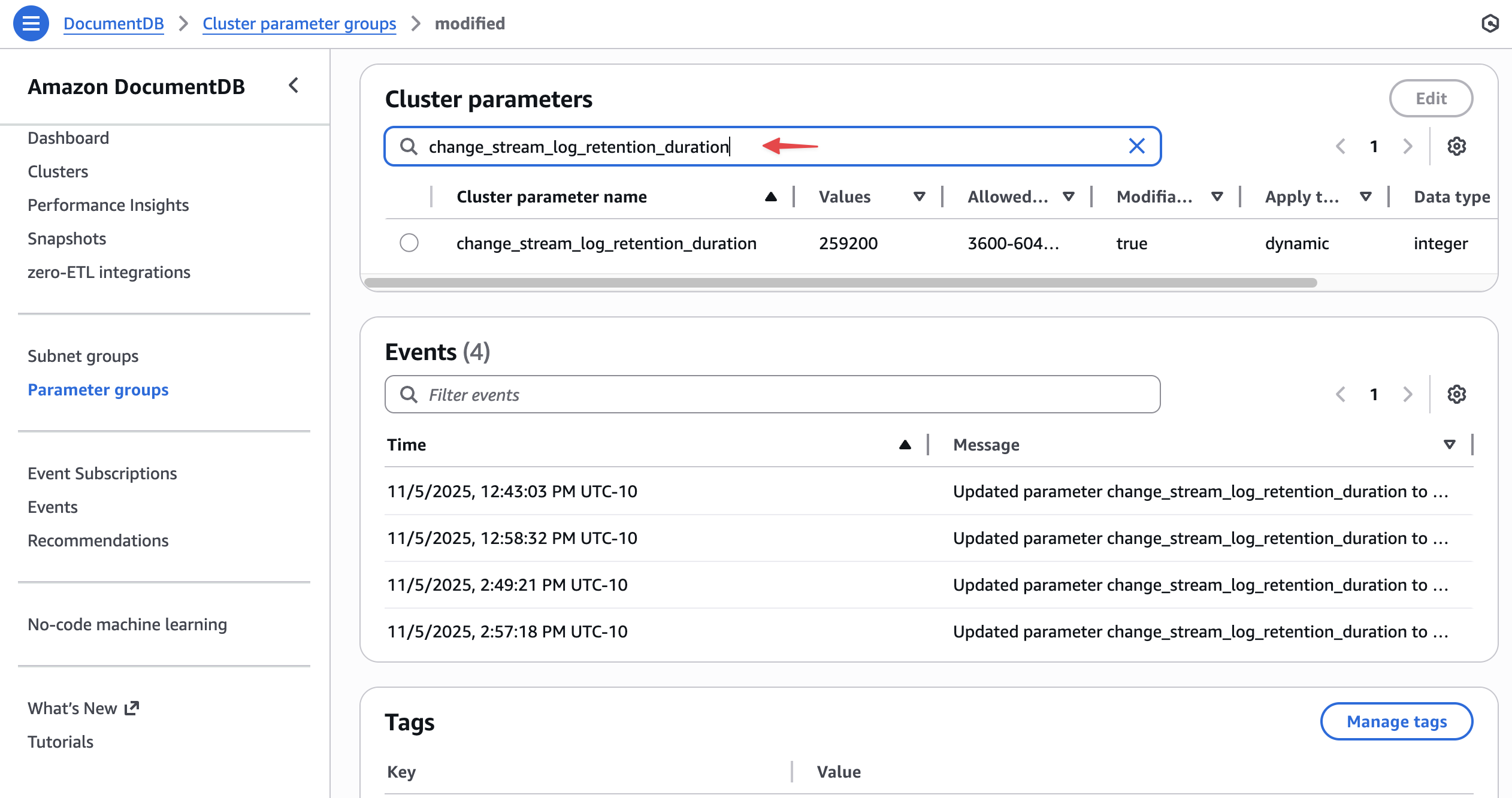 Изменение группы параметров